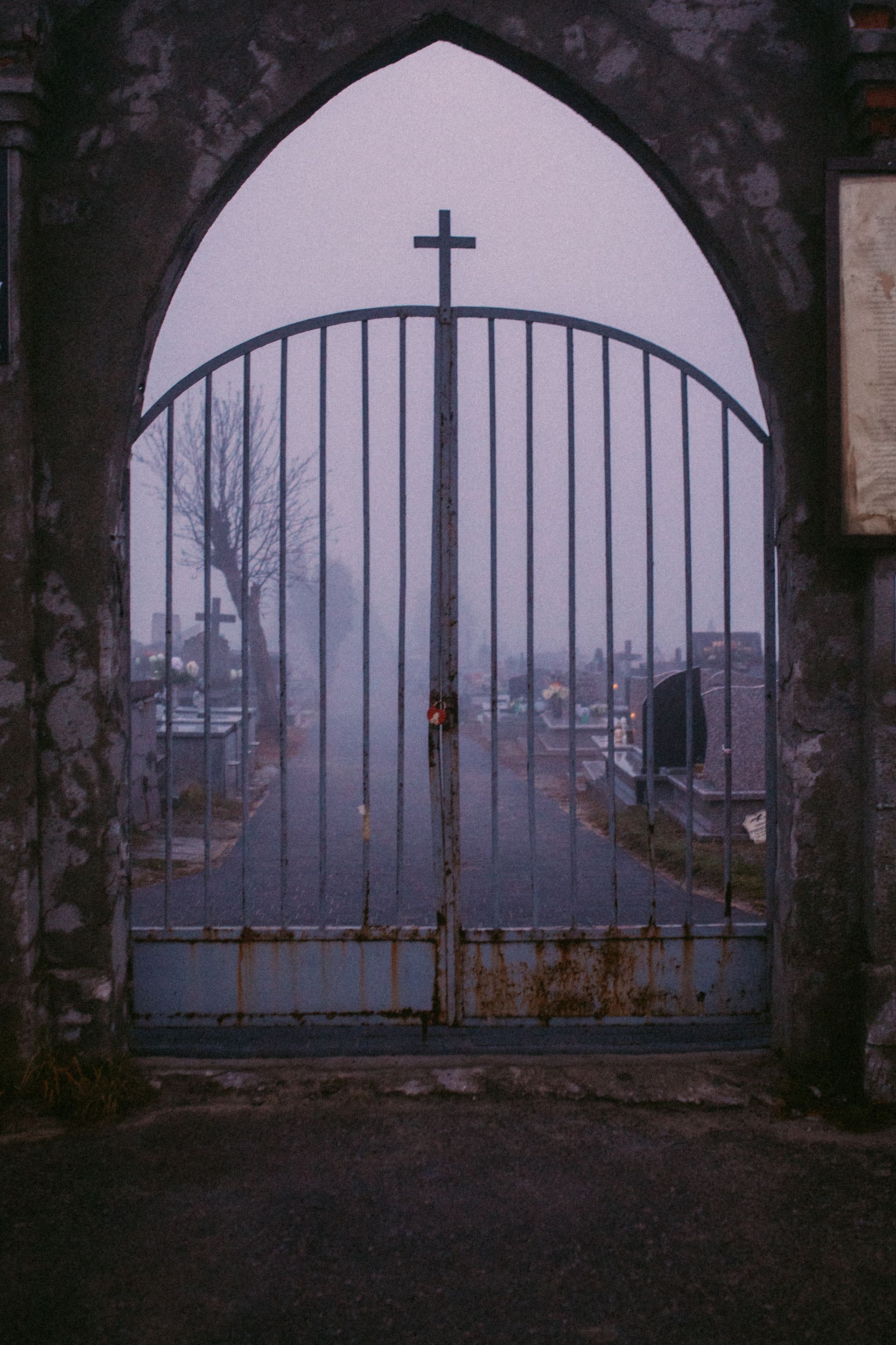 Foggy iron cemetery gate